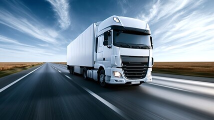 White semi truck driving fast on a straight highway with a blue sky and motion blur around, representing concepts of logistics, delivery, freight, and global shipping