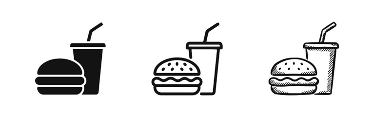 Fast Food Burger and Drink Icon Set in Solid, Line, and Sketch Styles