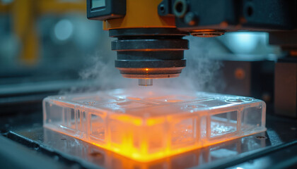 Heated plastic sheet molds into shape with steam rising. Industrial machine forms item using heat and vacuum. Thermoforming process creates product with precise details.