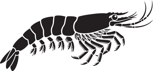Black silhouette of a shrimp a marine crustacean vector illustration for seafood menus culinary concepts and ocean life themes