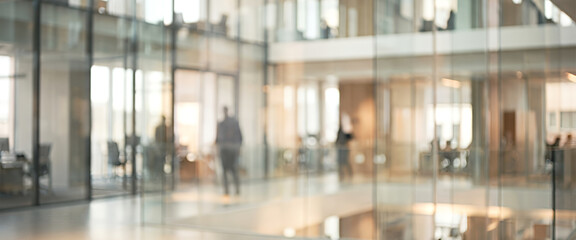 An abstract view of a modern office building's interior featuring glass walls and blurred silhouettes of people working in a collaborative environment.