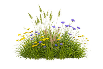 Wildflower meadow arrangement with yellow and blue flowers green grass and png isolated transparent