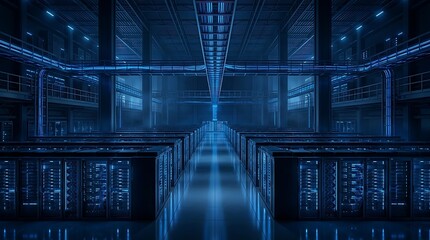Modern data center interior with rows of illuminated server racks and blue glowing lights representing technology and digital infrastructure.