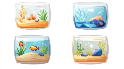 Clean vector icon set showing cartoon aquariums in modern home styles, each with clean sand base, pebbles and waterline details, isolated on white