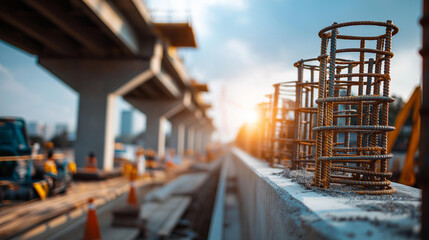 A view of an elevated highway under construction with steel rebar columns and concrete forms, elevated highway, infrastructure construction, structural inspection, civil engineering, road