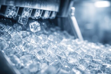Macro image of ice maker machinery forming pristine ice cubes featuring mild blur and spacious copy space in food manufacturing context