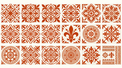 Terracotta vintage ceramic tile collection with ornate floral and damask patterns on cream background, represents elegant home decor, illustrating classic Mediterranean architectural motifs