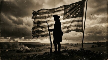 Silhouette of Revolutionary War Soldier with Historic American Flag