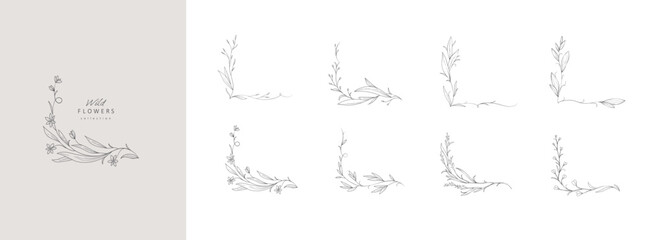Set of whimsical drawing various flowers and leaves. Luxury floral collection for wedding invitation, wallpaper art or save the date card. Botanical vector