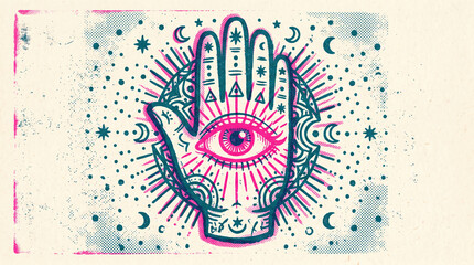 Risograph eye and hand talismanic symbol in indie palette