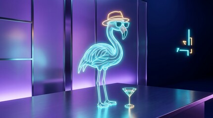 Neon flamingo in hat and sunglasses with cocktail in retro bar