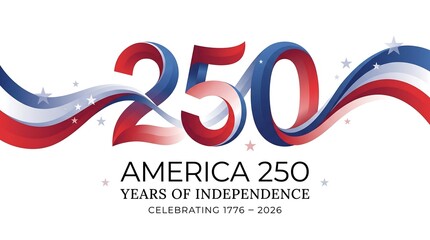 America 250 years of independence celebration logo with red white and blue ribbon and stars