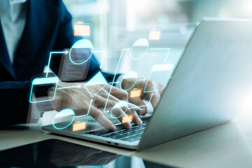 Data infrastructure,workflows,data pipeline development.Data integration.Engineer using laptop computer to design data processing system,workflows in modern digital business systems,data server center