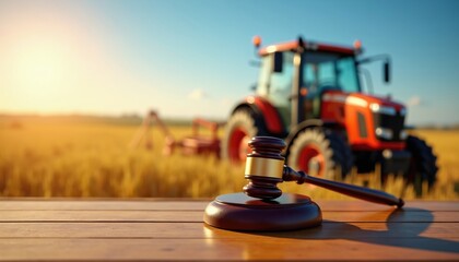 Judge gavel rests on wooden table with tractor in farm field. Represents agricultural law and legal matters in farming industry. Focus on rural legal concept.