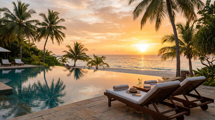 Luxury infinity pool at tropical resort during golden sunset with palm trees and ocean view