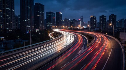 Dynamic city highway at night, long exposure captures vibrant light trails from moving vehicles, urban skyline.