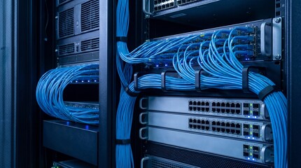 Close-up of server racks with neatly arranged blue network cables, showcasing modern data center infrastructure.