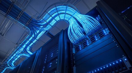 Low angle view of glowing blue network cables running through server racks in a high-tech data center.