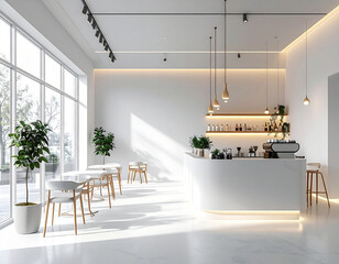 Modern minimalist cafe interior with bright natural light and sleek design