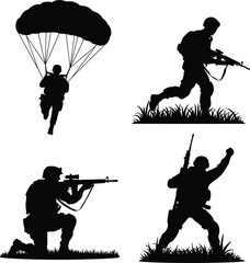 Military soldier silhouette collection featuring parachuting aiming and combat action vector illustration set