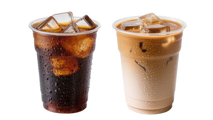 Isolated refreshing iced coffee and soft drink in plastic cups, ice and water droplets