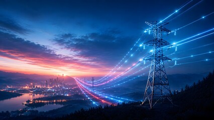 Futuristic smart grid and high voltage power lines transmitting glowing blue and red energy towards a modern city at sunset. Technology and sustainable electricity concept.