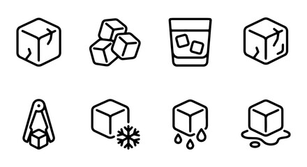 Ice Cubes Vector Icons: Cold Drinks, Frozen, Melting, Tongs, Set