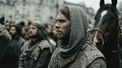 Medieval man in hooded cloak gazing intently with horse. Group of bearded warriors in ragged attire gathered in ancient village. Historical reenactment scene of medieval brotherhood and adventure.