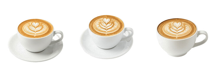 Set of white ceramic cup of coffee with latte art isolated on white background