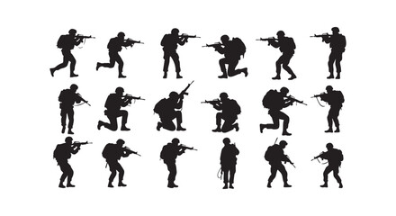 Collection of military soldiers silhouettes in various combat poses, carrying rifles and equipped with backpacks, standing, running and kneeling.