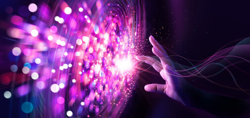 Abstract, Big data network and cyber ​​particles that are distributed and circulating within the system. AI technology, Data science, Businessman Fast connected with the world at your fingertips.