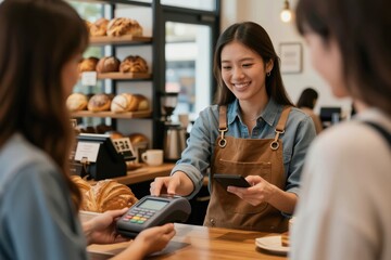 Asian barista smiles accepting cashless payment via mobile phone at bakery counter. Customer taps phone on terminal, buying coffee and pastries. Small business owner uses pos system.