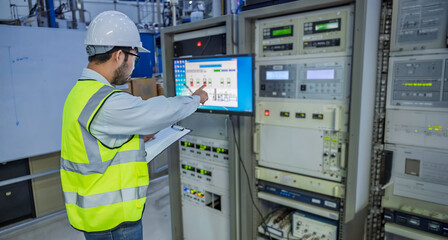 Professional engineer monitoring industrial automation system on digital screen in high-tech factory control room. Concept of smart manufacturing, technical data analysis, and modern engineering.
