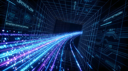 Data stream tunnel with glowing blue network lines and system nodes