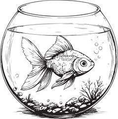 Goldfish Fish in a Bowl Water Tank Hand-drawn Sketch Drawing Vector Illustration, Line Linear Symbol Black and White Engraving, Isolated