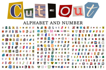 Mega set of cut out magazine alphabet collage font with colorful letters, letters and numbers in retro Y2K style, paper scrapbook typography set. Cartoon blackmail ransom kidnapper anonymous Font.