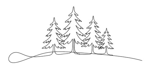 Minimalist continuous line drawing of pine trees on a gentle hill Vector, illustration