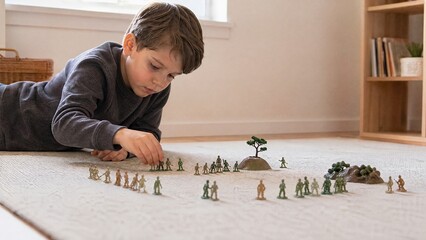 Young boy playing with toy soldiers on carpet at home 