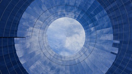3D low angle view of a circular glass building facade reflecting a cloudy blue sky in a futuristic style