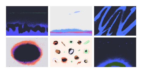Abstract texture backgrounds set in modern style. Blurry grainy brushstroke patterns, blur fluids, soft grain and glowing noise, random shapes. Creative backdrop designs. Flat vector illustrations