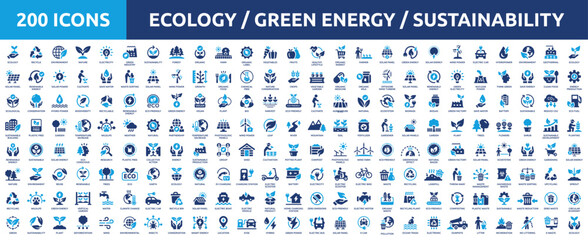 Huge set of 200 solid icons. Mega collection concept of ecology, green energy, sustainability, eco and environment. Vector illustration.