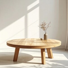 Natural wood round coffee table with dried flowers and vase, bright room
