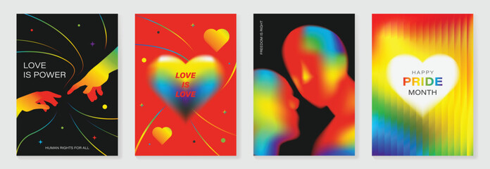 Pride Month poster set vector. Colorful LGBT social media template with rainbow hearts, hands, couple silhouette and love message for equality, diversity and human rights.