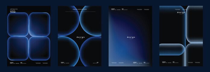 Futuristic dark blue abstract poster set vector. Cyber glow rounded geometric gradient templates for technology event, music cover, digital design and modern background.