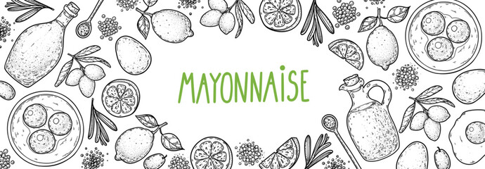 Elegant mayonnaise sauce packaging frame with hand drawn engraving illustration. Detailed vintage sketch border for mayonnaise branding. Vector drawing illustration.