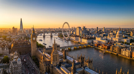 Panoramic aerial view of London skyline at sunset, featuring iconic landmarks like the Houses of Parliament, Big Ben, the London Eye, and the River Thames.