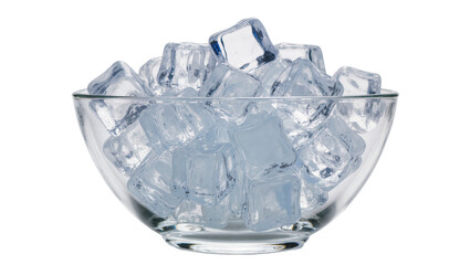 Clear glass bowl filled with many clear ice cubes, isolated on transparent background