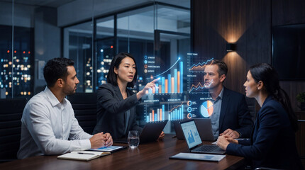 Business team analyzing financial data with holographic charts in a modern office boardroom.