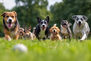 Joyful dogs gathering on fresh grass for a friendly outdoor moment