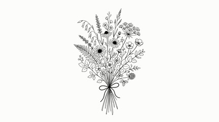Hand-Drawn Rustic Wildflower Bouquet Tied with Ribbon on Isolated White Background, Simple Botanical Flower Arrangement Line Art